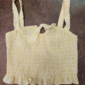 Womens Sienna Sky Yellow & White Smocked Ruffled Tank Top W/ Tie Front Sz Medium